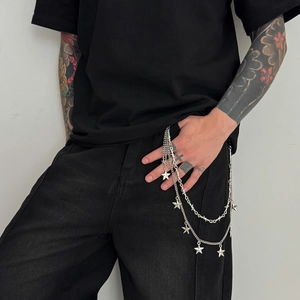 Men's hip hop silver pants chain with star pendant and multi-layer street punk link design