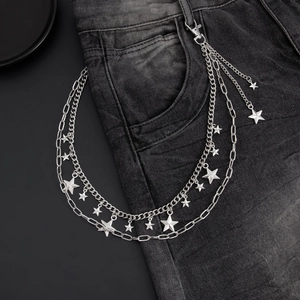 Men's punk multilayer star wallet chain with polished silver alloy chains on denim jeans