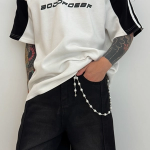 Men's multi-layer faux pearl and silver metal trousers chain street style accessory