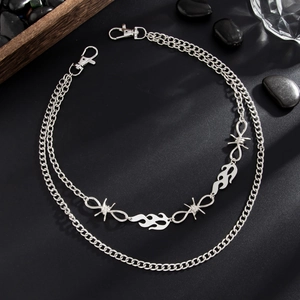 Punk hip-hop silver double-layer trousers chain with flame and wire pendants