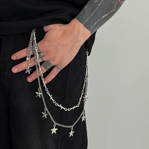 Punk style double-layered silver metal pants chain with star charms and barbed wire links