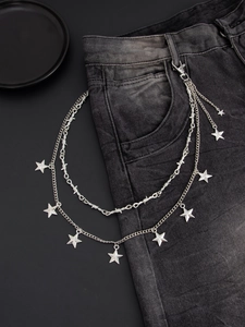 Double-layered silver pants chain featuring pentagram pendant and barbed wire link design