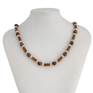 Mens vintage wood bead and tiger eye stone bamboo chain necklace on mannequin