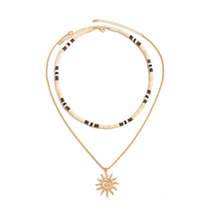 Layered men's necklace with coconut wood beads and a golden sun pendant set
