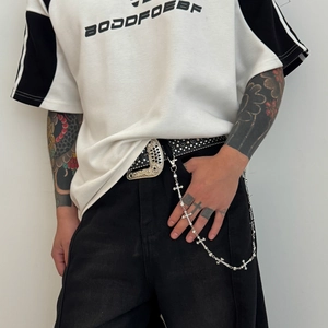 Men's hip hop punk silver metal cross pant chain and black studded leather belt set