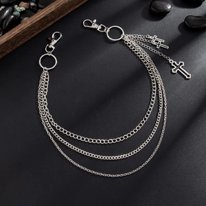Multilayered silver cross trouser chain with three alloy metal links and lobster clasps