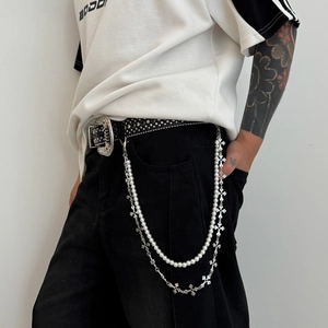 Chaîne Pantalon Multicouche Homme Künstliche Perle Imitation Alliage Pendentif Croix Chaîne Taille Gothique Punk Streetwear Hip Hop Accessoire