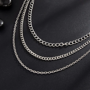 Close-up of triple-layered silver metal wallet chain with various textures and industrial finish