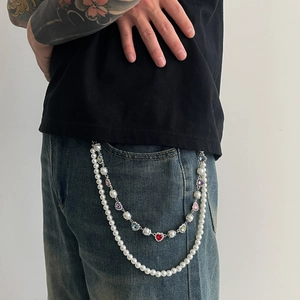 Double-layered hip hop trousers chain featuring colorful crystals and imitation pearls