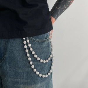Catena da pantaloni doppia in argento da uomo con sfere di strass luccicanti