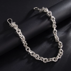 Hip hop silver metal wallet chain with skull charms and dual spring lobster clasps