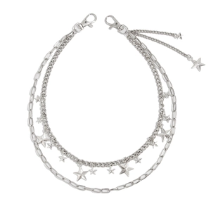 Silver multilayer metal trouser chain featuring star pendants and large lobster clasps