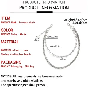 Macro view of layered silver pant chain with pearls showing 53cm and 64cm length details