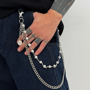Layered Jeans Trouser Chain With Faux Artificial Pearls And Good Luck Tag Silver Alloy Hip Hop Streetwear Men Women Waist Chain Accessory