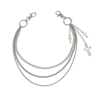 Three-layer silver punk wallet chain with cross pendants and metal lobster clasps