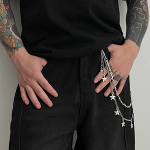 Men's multi-layer silver star wallet chain with heavy metal links for hip-hop streetwear style