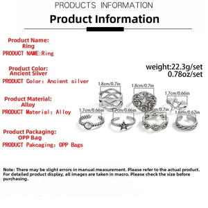 Size chart for 7-piece vintage alloy star rings set in ancient silver finish