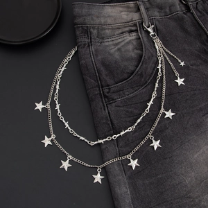 Punk silver multilayer pants chain with star pendant and barbed wire links for men