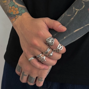 Retro hexagram and star alloy ring set for men featuring a gothic punk aesthetic style
