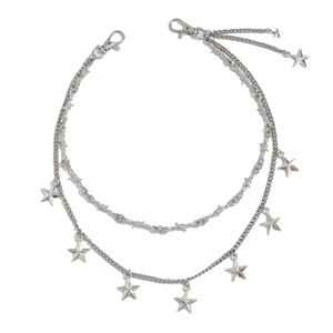 Silver double-layer pants chain with punk style barbed wire and five-pointed star pendants