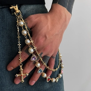 Gold pants chain with pearls, colorful heart rhinestones and a cross pendant for hip-hop style