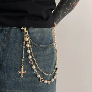 Mens pearl and cross pants chain with colorful heart crystals and golden metal finish