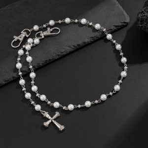 Chaîne de pantalon hip-hop avec perles d'imitation, billes en métal et pendentif croix