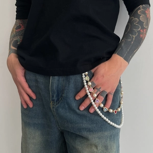 Chaîne de pantalon hip hop à plusieurs rangs avec perles blanches et pierres colorées