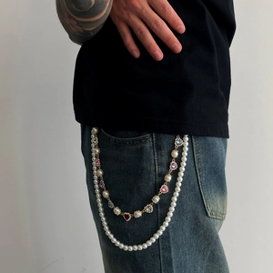 Chaîne de pantalon hip-hop double couche avec perles d'imitation et pierres en forme de cœur