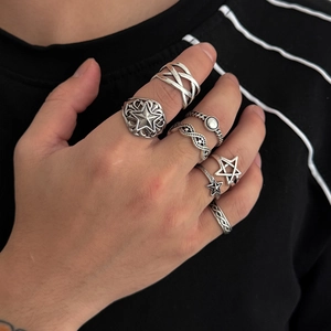 Men Retro Alloy Hexagram Ring Collection Six Pointed Star Punk Gothic Bohemian Jewelry Ancient Silver Finger Rings