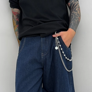 Mens hip hop layered jean chain with metal links and pearls on denim trousers