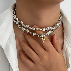 Men Fashion Layered Alloy CCB Irregular Bead Necklace Gold Heart Pendant Irregular Geometric Double Chain Neckwear
