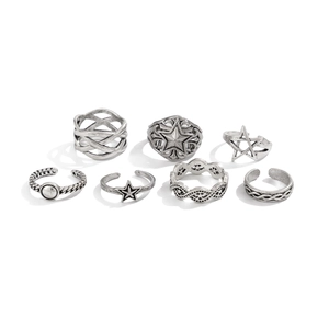 Retro silver starfish ring set with seven vintage bohemian and gothic style pieces