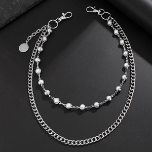 Silver layered hip hop pants chain with mixed metal links and white pearls with good luck charm