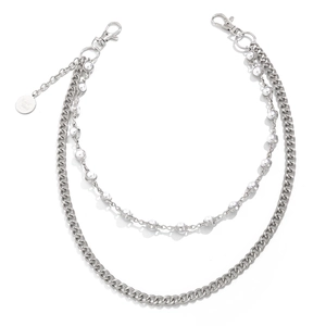 Silver double layer jean chain with cuban link, white beads and Good Luck tag