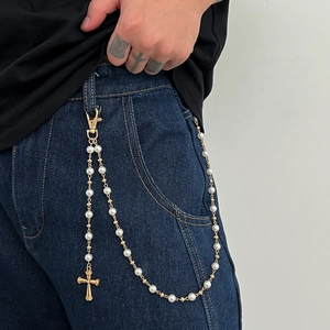 Chaîne de Pantalon Hip Hop en Künstliche Perles d'Imitation pour Hommes Avec Pendentif Croix en Métal Or Argent Chaîne de Taille Street Style