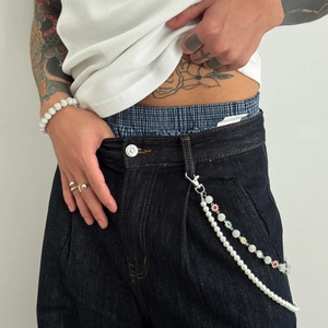Men's pearl and diamond pants chain set with beaded bracelet and adjustable ring