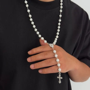 Collana Rosario con Croce in Lega Vintage con Perline di Acrilico e Strass Uomo Donna Gioielli Religiosi Collana con Ciondolo