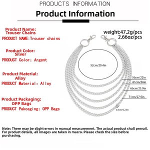 Detailed specs of multi-layer silver alloy trouser chain with weight and dimension data