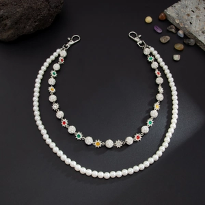 Men Double Layer Pants Chain With White Artificial Pearls And Colorful Rhinestone Flower Charms Hip Hop Jeans Waist Chain Accessory