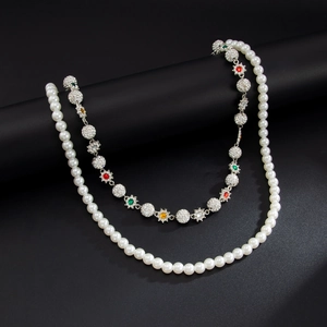 Double-layered hip hop pants chain with pearls, colorful flower pendants, and crystals