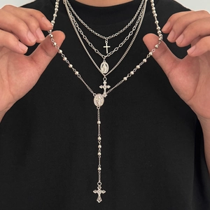Parure de Colliers Multicouches Croix pour Hommes Alliage Religieux Pendentif Vierge Marie Or Argent Couleur Bijoux Cadeau