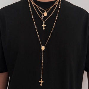 Ensemble de colliers dorés pour hommes avec pendentifs croix et médailles religieuses
