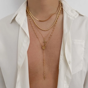 Men Fashion Layered Necklaces Gold Silver Alloy Snake Chain Bead Chain Cross Pendant Religious Medal Accessory Jewelry