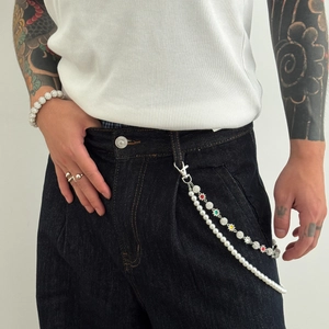 Men's multi-layer pants chain with white pearls and colorful rhinestone floral beads