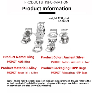 Detailed size chart for 10-piece punk skull ring set in antique silver alloy finish