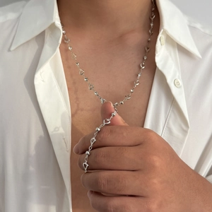 Handmade Iron Rhinestone Long Necklace With Heart Hollow Elements Simple Hip Hop Y-Shape Silver Color Chain Jewelry For Women Men