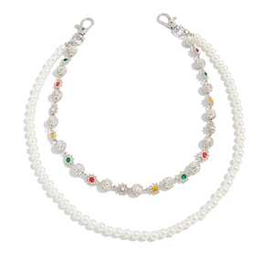 Double-layered hip hop waist chain with white pearls and sparkling multicolor crystal balls