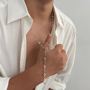 Minimalist Y-shaped long silver necklace for men featuring hollow heart elements and zircons