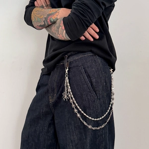 Silver double layer pants chain with spider charms for men in street punk style